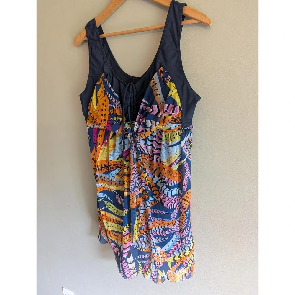 Wantdo Swimsuit One Piece 3XL Navy Colorful Feathers Swim Dress Flowy Bright Fun